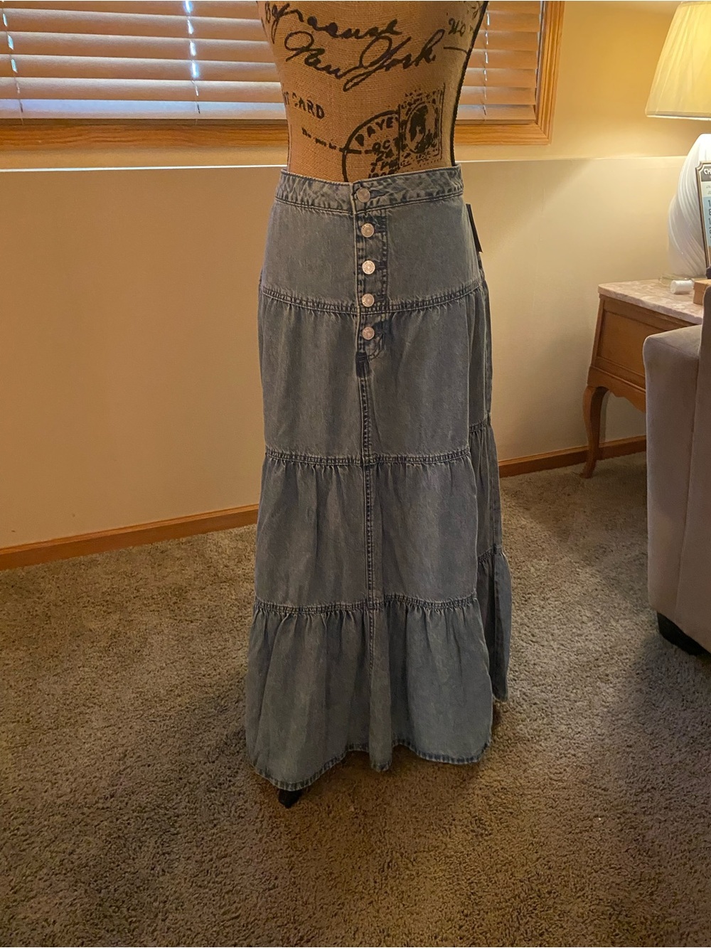 Maurices Light Blue Tiered Denim Maxi Skirt
